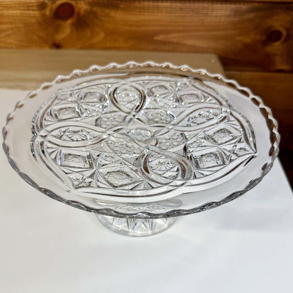 Vintage Elegant Ornate EAPG Rexford Pressed Glass 9.75"D Pedestal Cake Plate